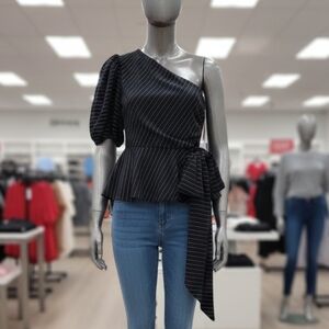 Nine West Elegant Black Striped One Shoulder Top